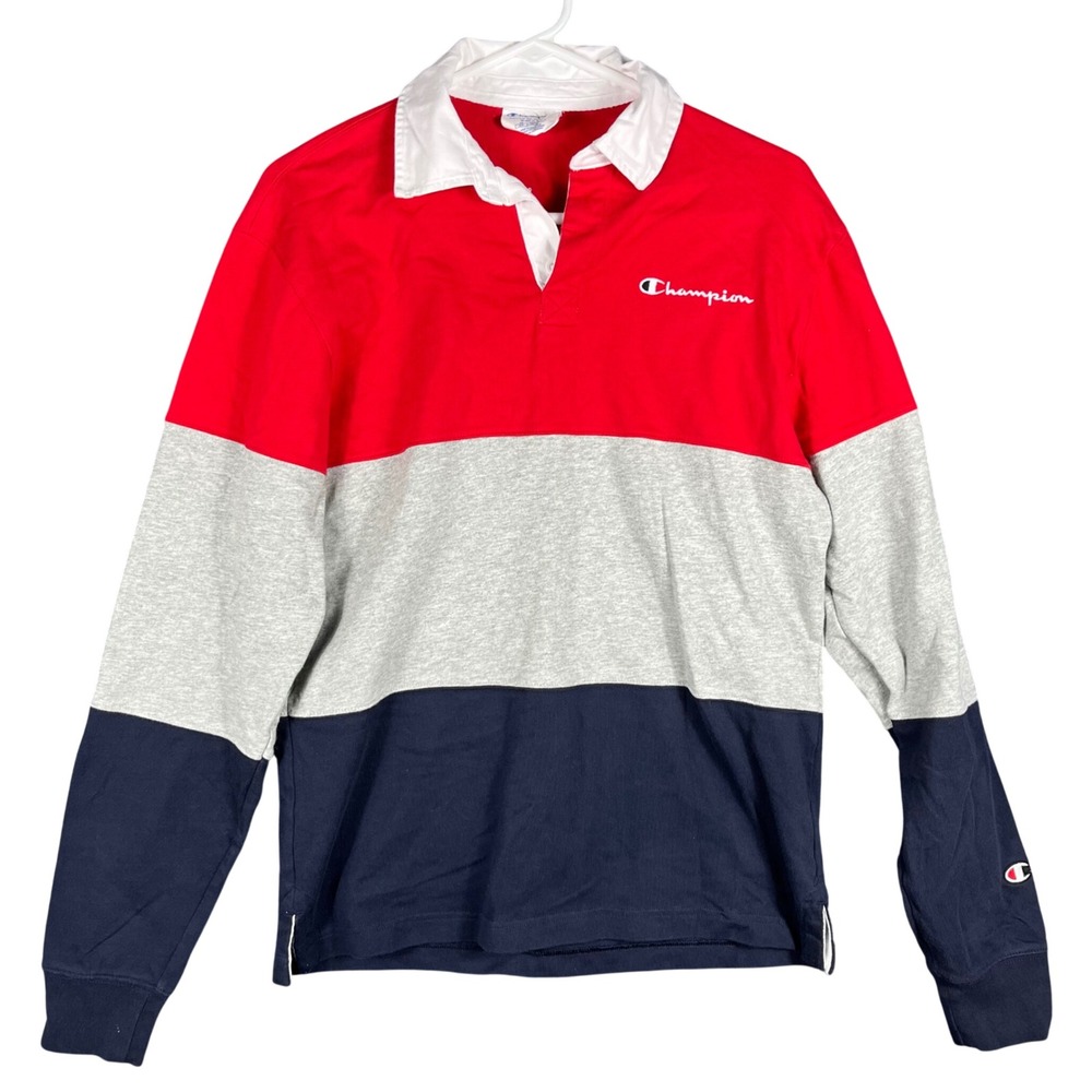 Champion Rugby Shirt Mens S Red Grey Navy Reverse Weave Long Sleeve Polo VTG 90s
